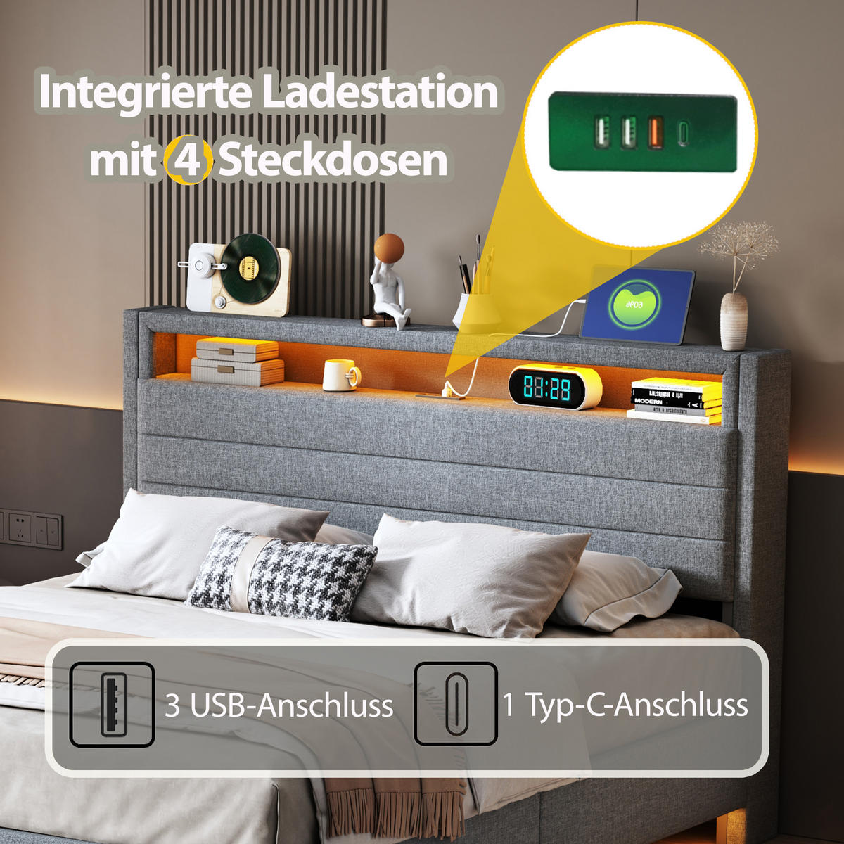 POLSTERBETT 140x200 cm LED USB Stauraum grau - Grau, Textil (140/200cm) - LEBENLANG