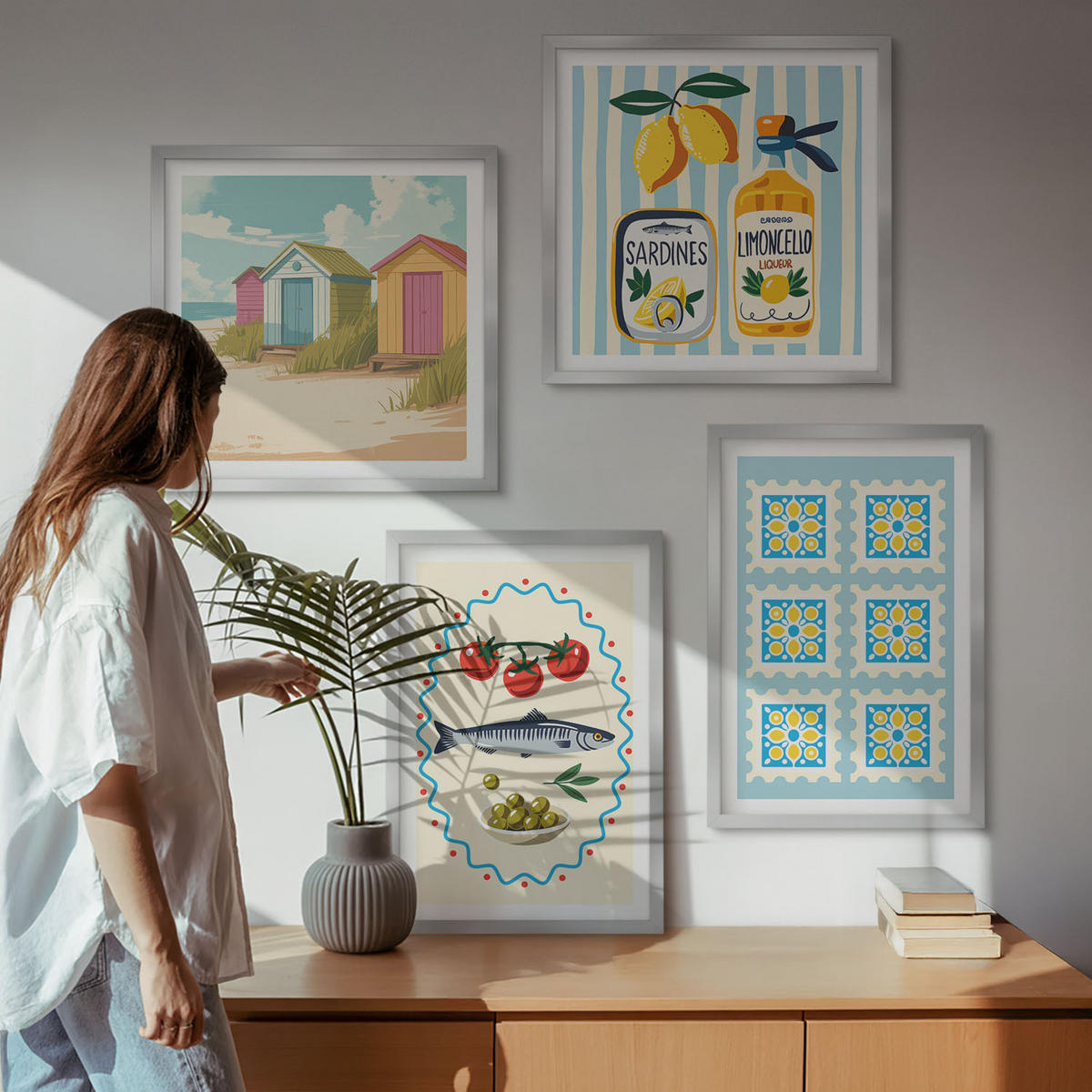 BILDER SET 4er Set - 50x50 cm & 40x60 cm Silberner Rahmen - Illustrationen der mediterranen Küche - Silberfarben, Kunststoff (50/50cm) - TULUP
