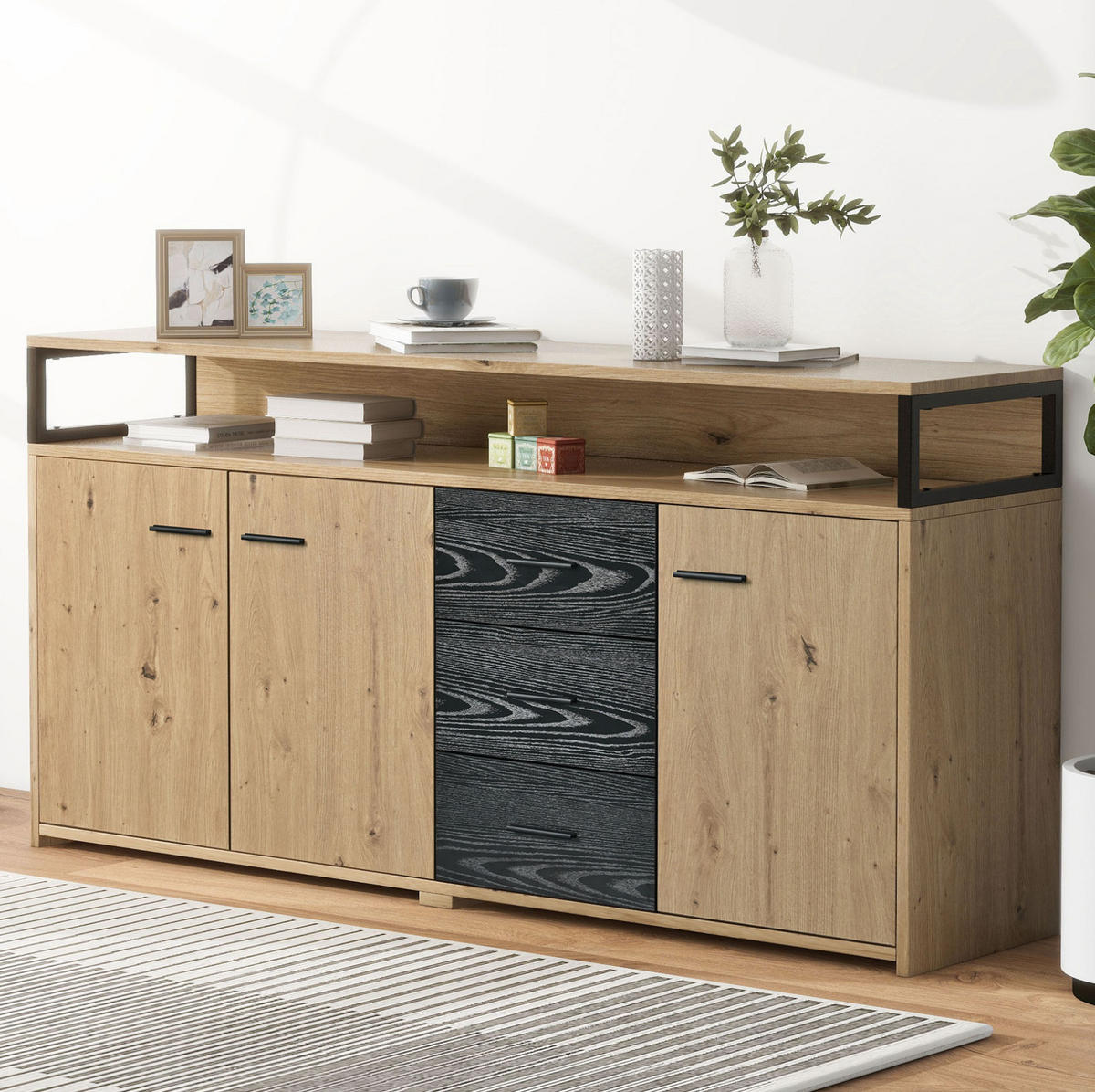 SIDEBOARD 150/35/75,9 cm aus Spanplatte mit 3 Türen und 3 Schubladen Schwarz/Braun - Naturfarben, Holzwerkstoff (150/75.9/35cm) - Modenvie