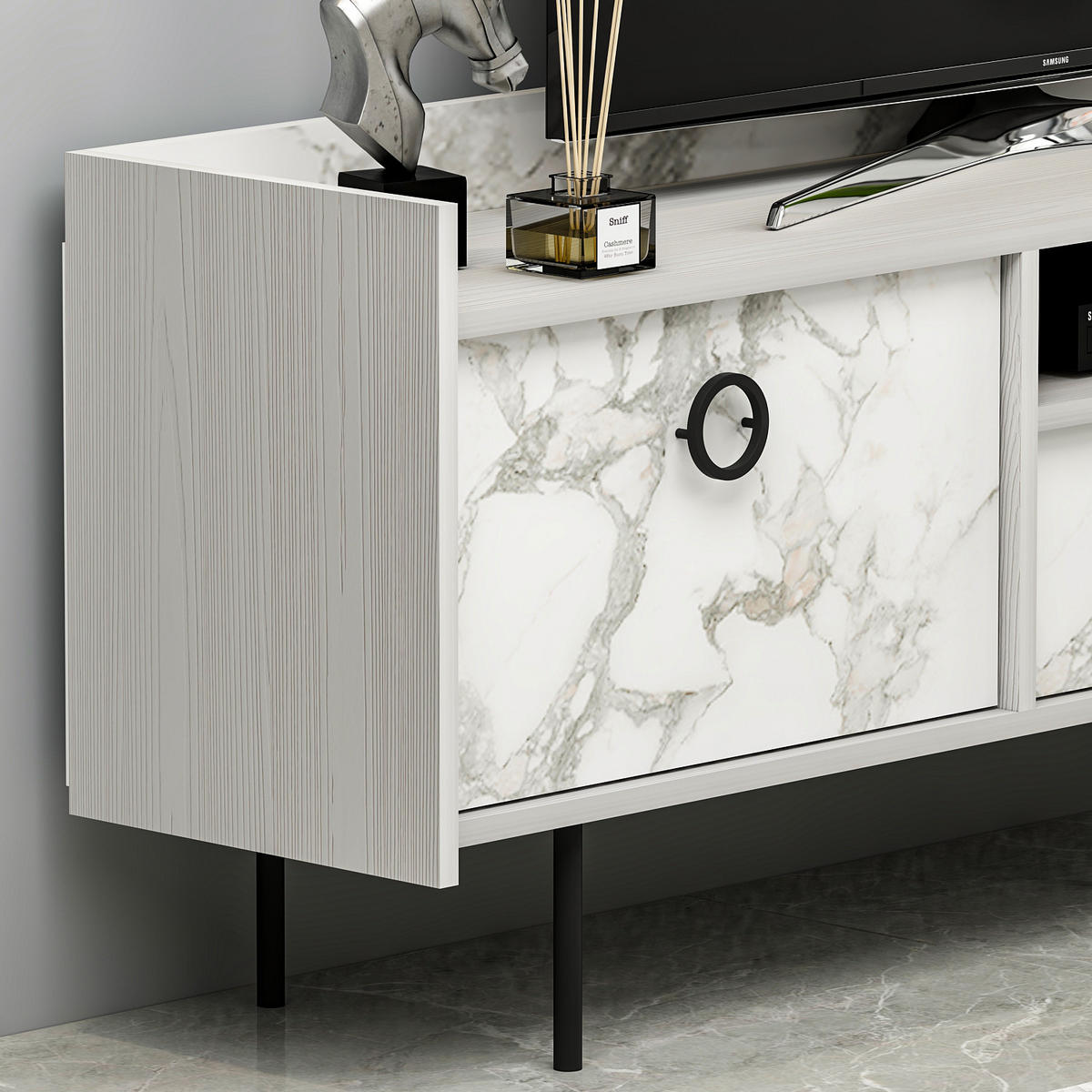 TV-LOWBOARD Büsra Weiß Holz und Marmor Optik 3 türig 9208 - Weiß/Grau, Holzwerkstoff/Metall (184/63/37cm) - moebel17