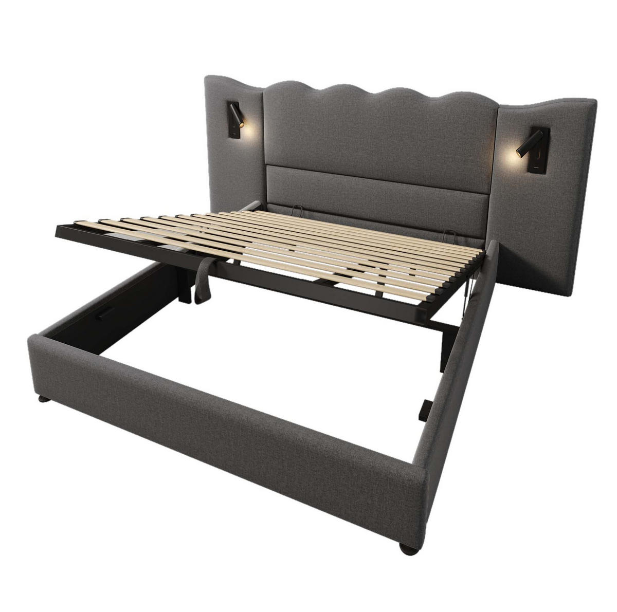 ČALOUNĚNÁ postel 180/200 cm šedá z lnu s úložným prostorem lampou a USB-C - šedá, textil (180/200cm) - OKWISH