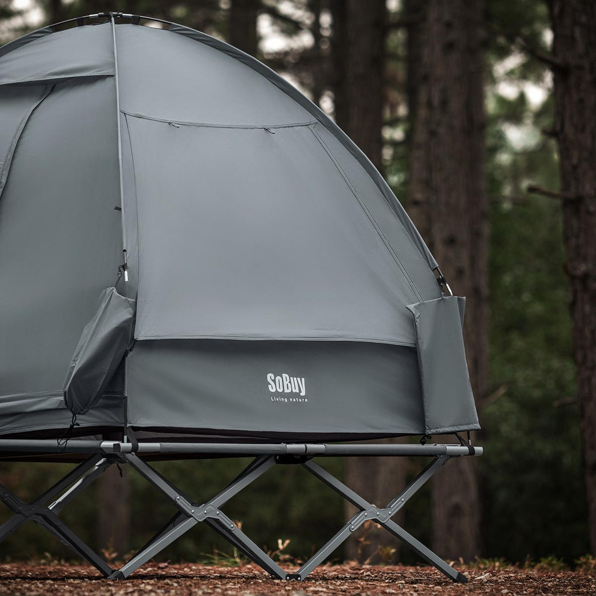 CAMPINGBETT mit Zelt und aufblasbarer Matratze OGS32-II-L-HG-TP - Ahornfarben, Fell/Metall (193/188/145cm) - SoBuy