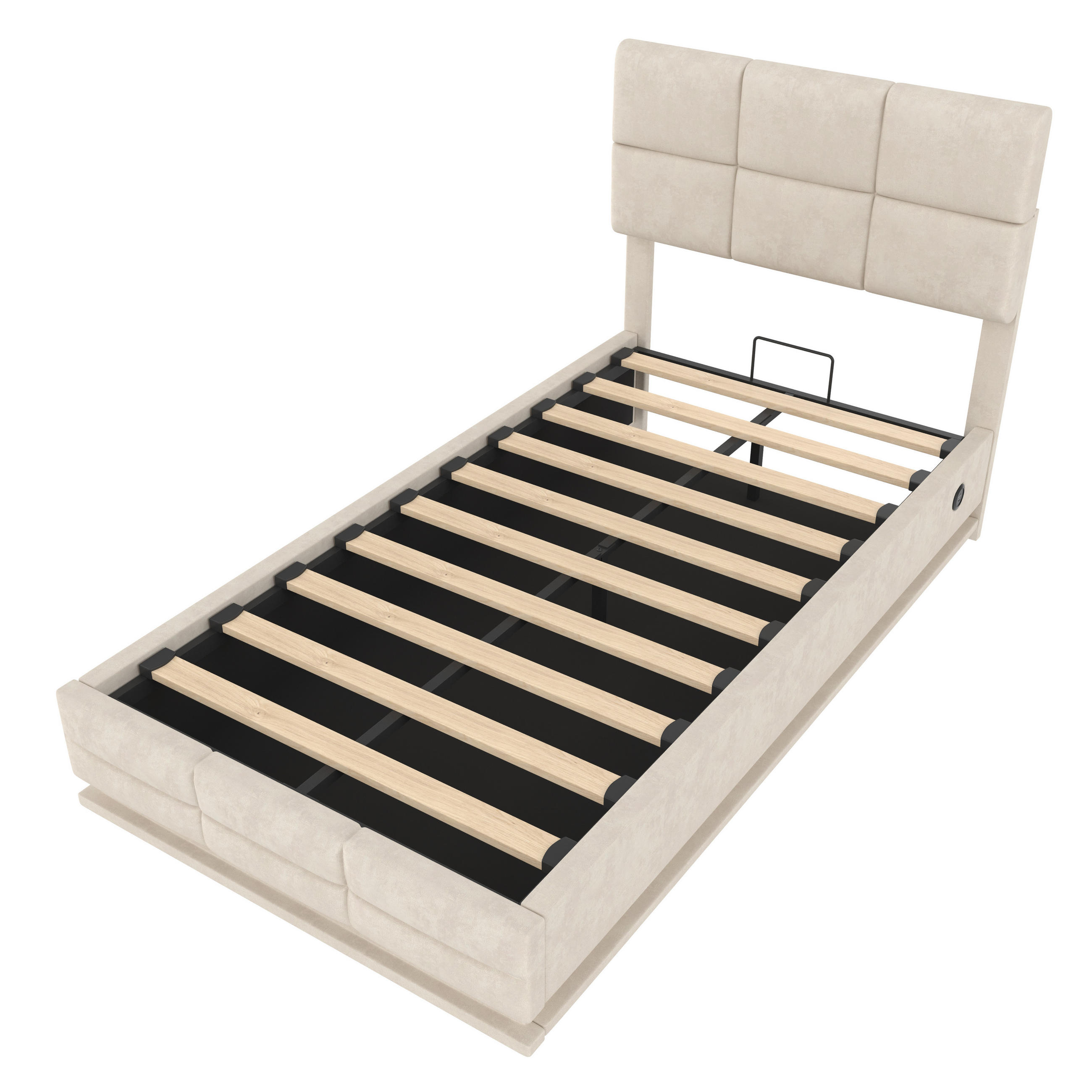 STAURAUMBETT 90/200 cm DE-03575, mit höhenverstellbarem Kopfteil, LED und hydraulischem Liftsystem, in Beige - Beige, Metall (90/200cm) - ComfortXL