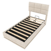 STAURAUMBETT 90/200 cm DE-03575, mit höhenverstellbarem Kopfteil, LED und hydraulischem Liftsystem, in Beige - Beige, Metall (90/200cm) - ComfortXL