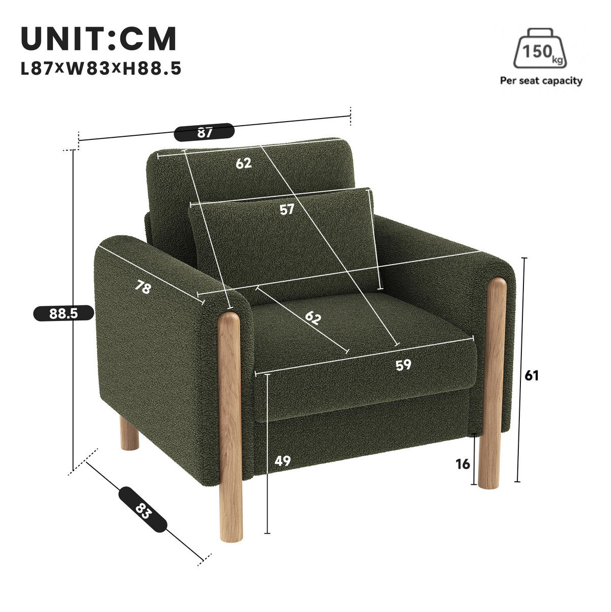 LOUNGESESSEL Teddy abnehmbares Sitzkissen 87/83/88,5 cm Grün - Grün, Textil (83/88.5/87cm) - Redom