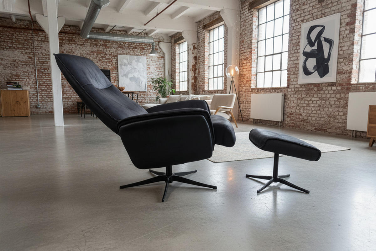 RELAXSESSEL-SET JOSIANE Schwarz Lederfaserstoff Relaxfunktion - Schwarz, Leder/Metall (78/107/87cm) - KAWOLA