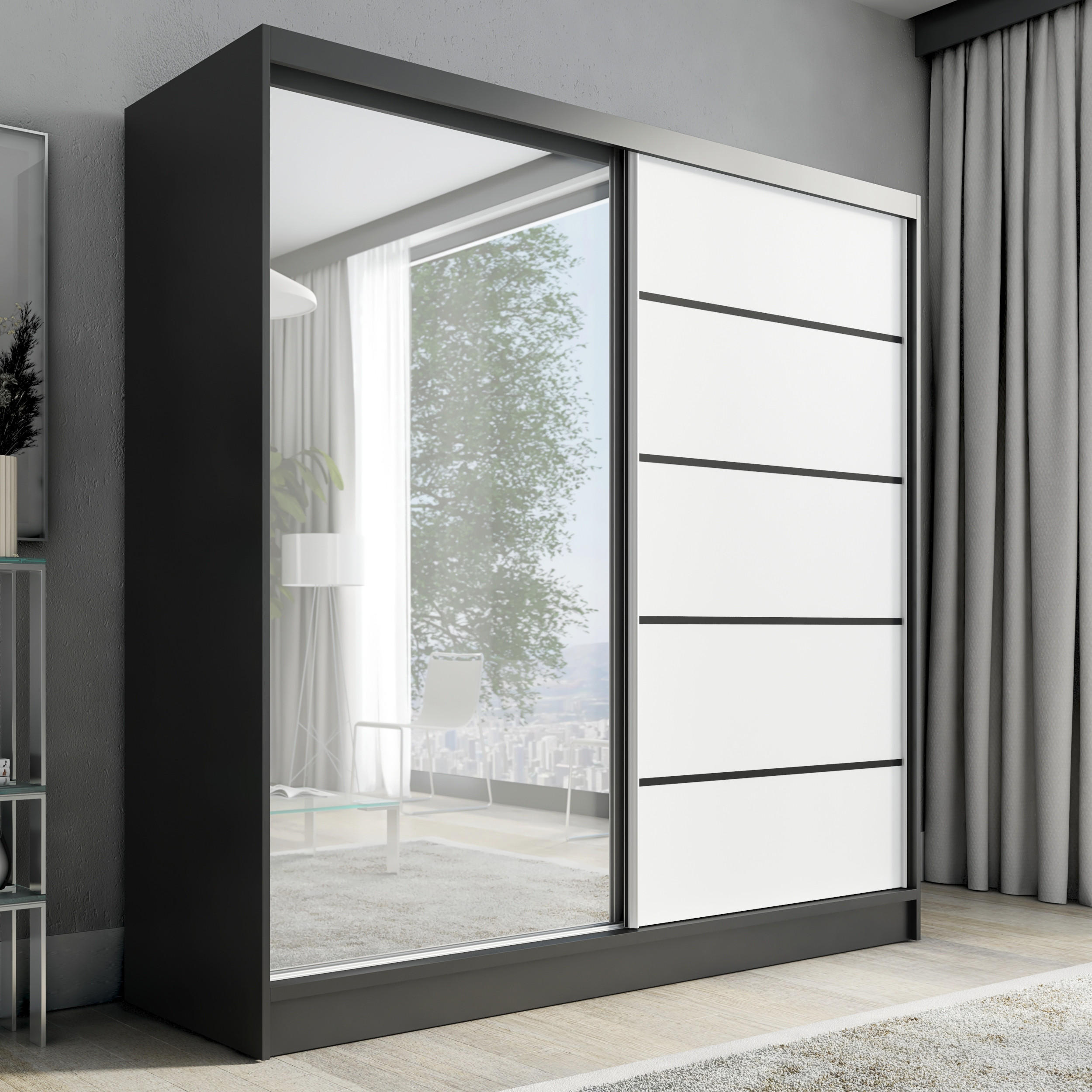A&J MöbelLand Schwebetürenschrank Schwarz, Weiß 200x215x60 cm