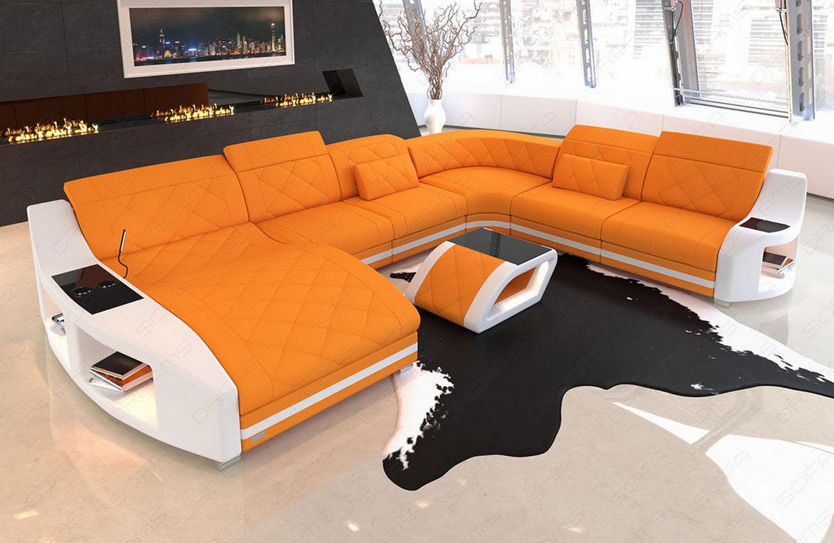 WOHNLANDSCHAFT Stoff Wohnlandschaft Swing Apricot Weiß Mikrofaserstoff - Orange, Kunststoff (404/90/295cm)