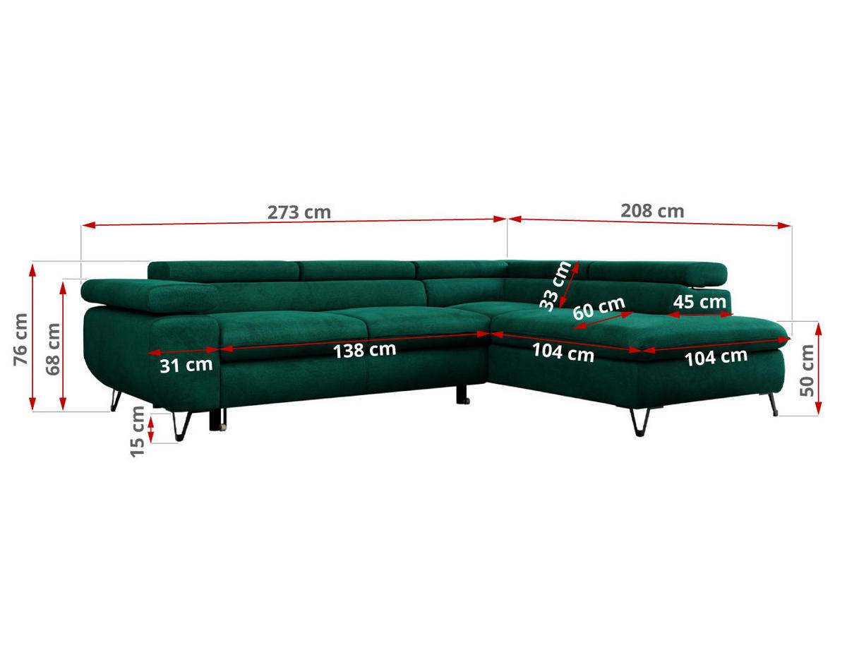 ECKSOFA PETER L Dunkelgrün Velvet - Links Seite - Dunkelgrün/Schwarz, Textil/Metall (208/273cm) - MKS