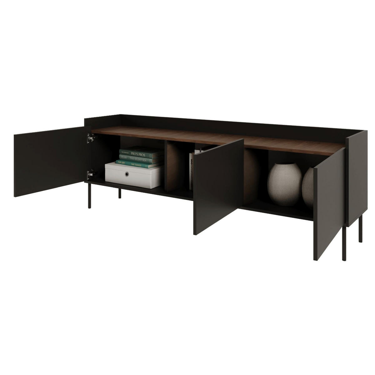 TV stolek Tovi Černý / Dekor ořech 175/58/36 cm - černá, kov/kompozitní dřevo (175/58.5/36.4cm) - Selsey