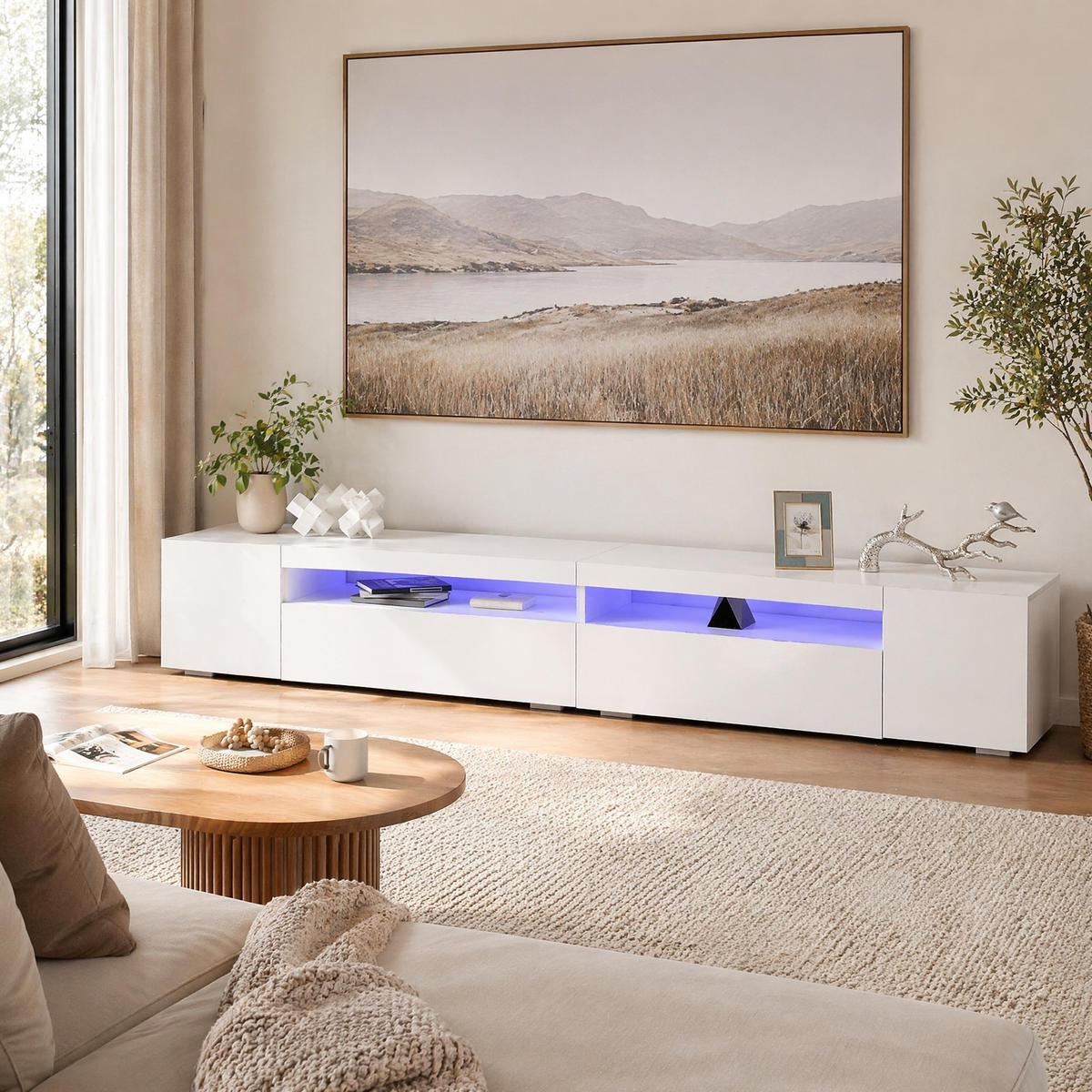 LOWBOARD 240/35.5/38.5 cm Weiß aus MDF mit LED-Beleuchtung - Weiß, Holzwerkstoff (38.5/35.5/240cm) - OKMYHOME