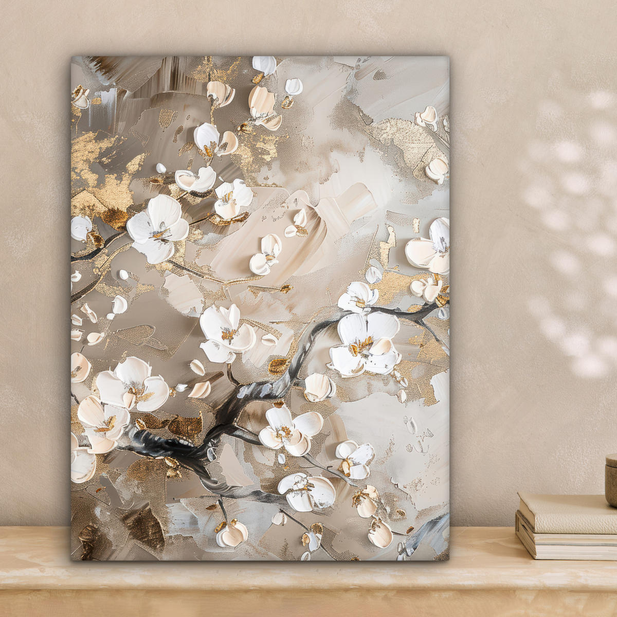 LEINWANDBILD Blumen - Weiß - Gold - Beige - Luxus Room Decor 30x40 cm - Greige, Textil (30/40cm) - MuchoWow