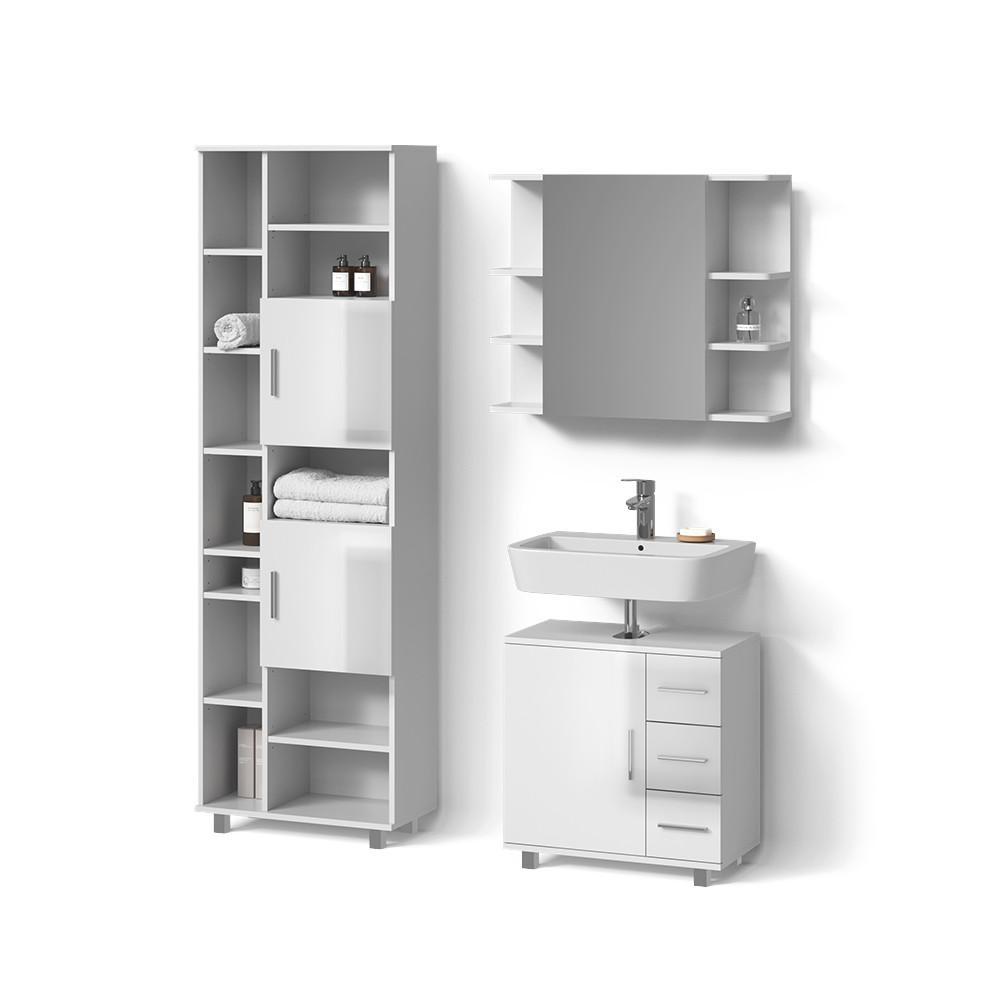BADMÖBEL-SET Eisak Weiß Hochglanz 3 Teile, mit Hochschrank - Weiß Hochglanz/Weiß, Holzwerkstoff (60/60/33cm) - Livinity®