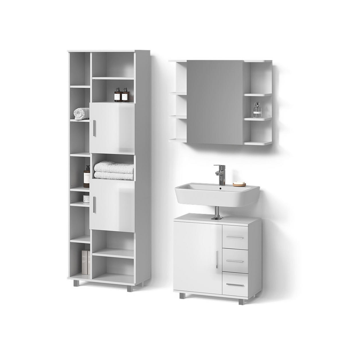 BADMÖBEL-SET Eisak Weiß Hochglanz 3 Teile, mit Hochschrank - Weiß Hochglanz/Weiß, Holzwerkstoff (60/60/33cm) - Livinity®