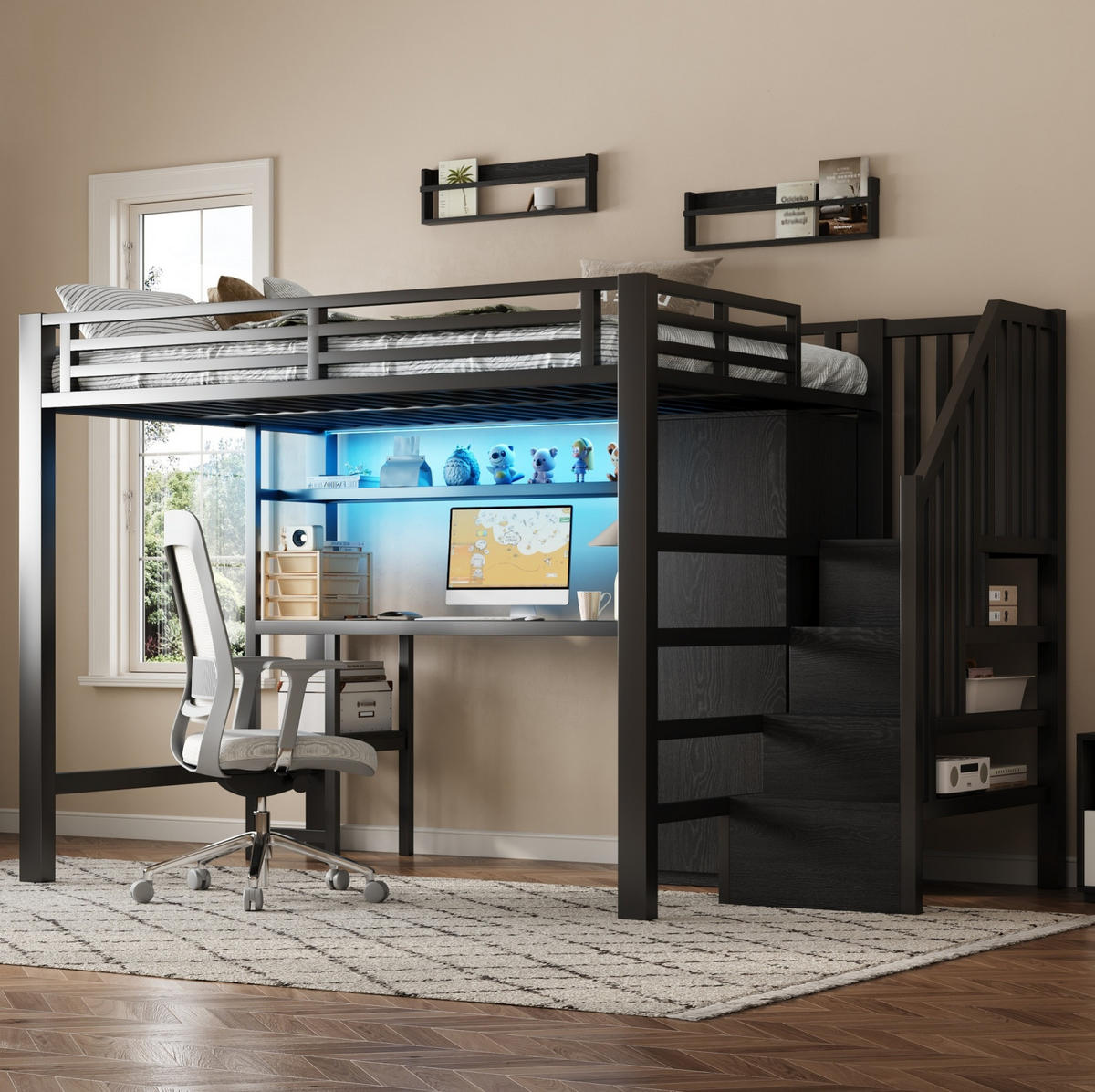 HOCHBETT 140/200 cm, Schwarz mit Schreibtisch, Regal und Kleiderschrank - Schwarz, Metall (140/200cm) - MIVRAY