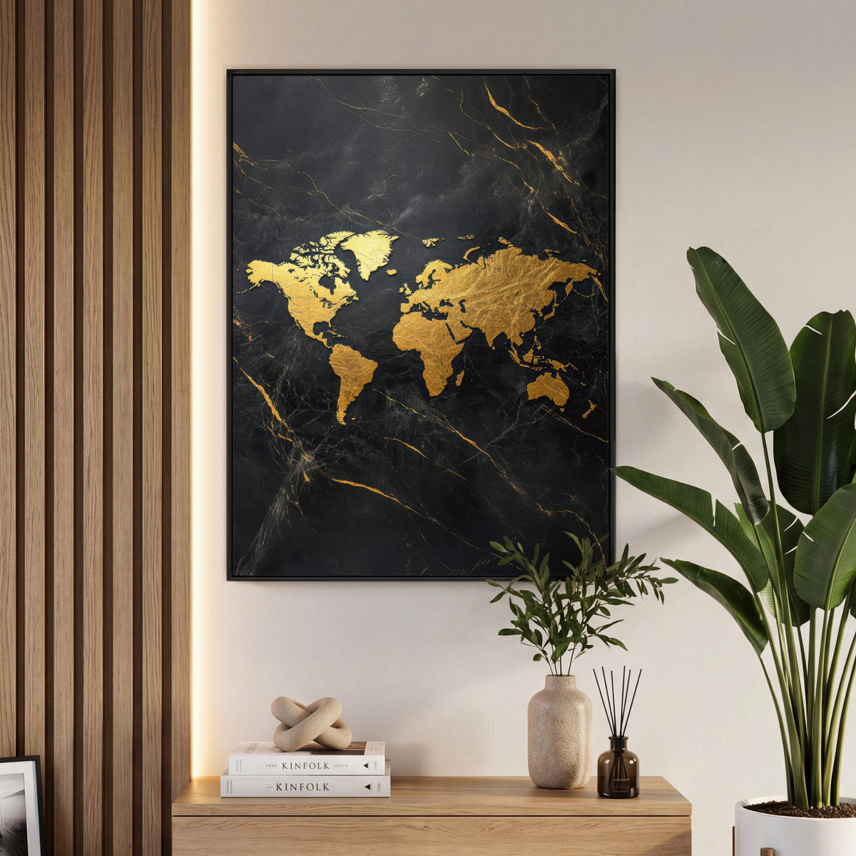 LEINWAND Bilder mit Rahmen - Weltkarte - Gold - Marmor - 70x100 - Goldfarben, Textil (70/100cm) - MuchoWow