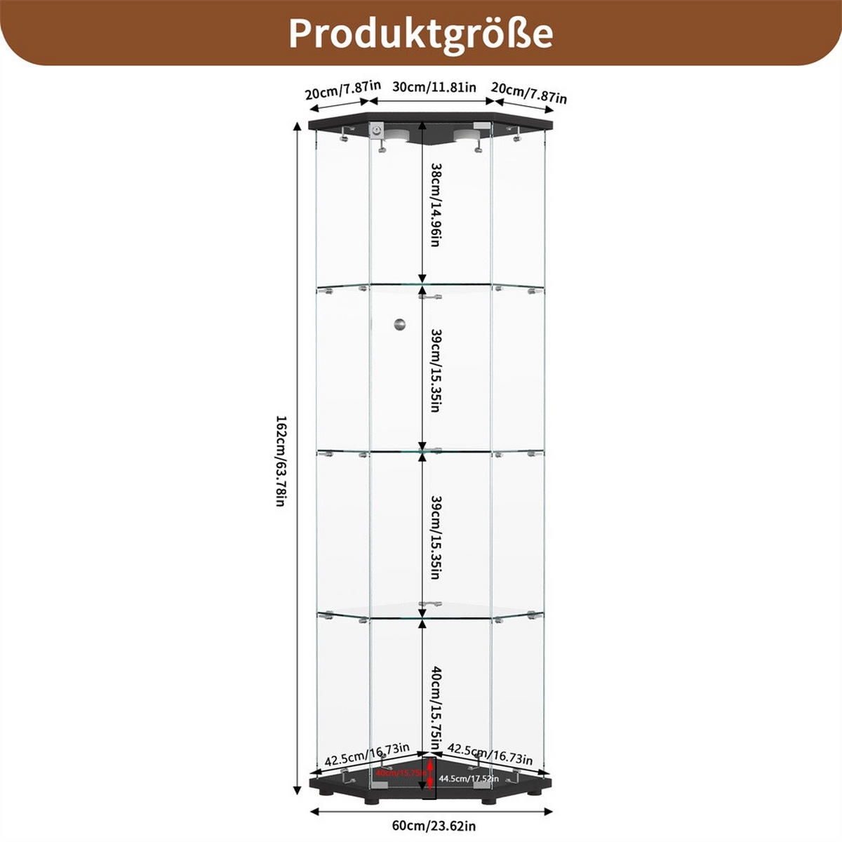 VITRINE mit LED Beleuchtung - Eckvitrine mit 4 Ebenen und 1 Tür - Glaskvitrine mit Schloss - Schwarz - Schwarz, Glas (60/162/42.5cm) - DELFA