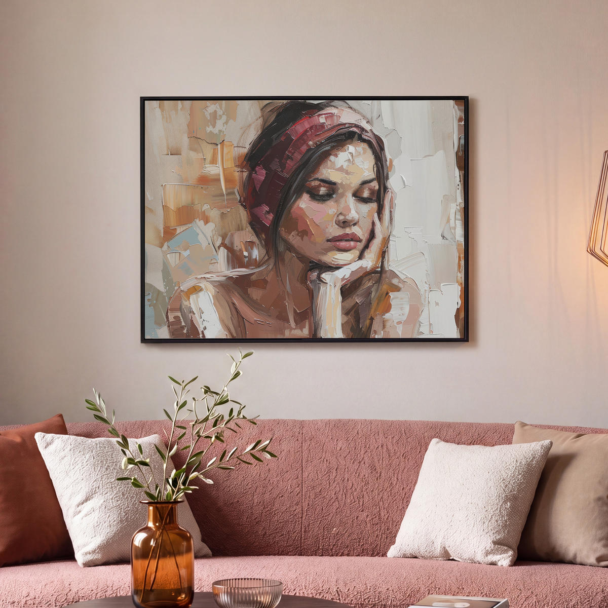 LEINWAND Bilder mit Rahmen - Frau - Lackierung - Porträt - Modern - 70x50 - Altrosa, Textil (70/50cm) - MuchoWow