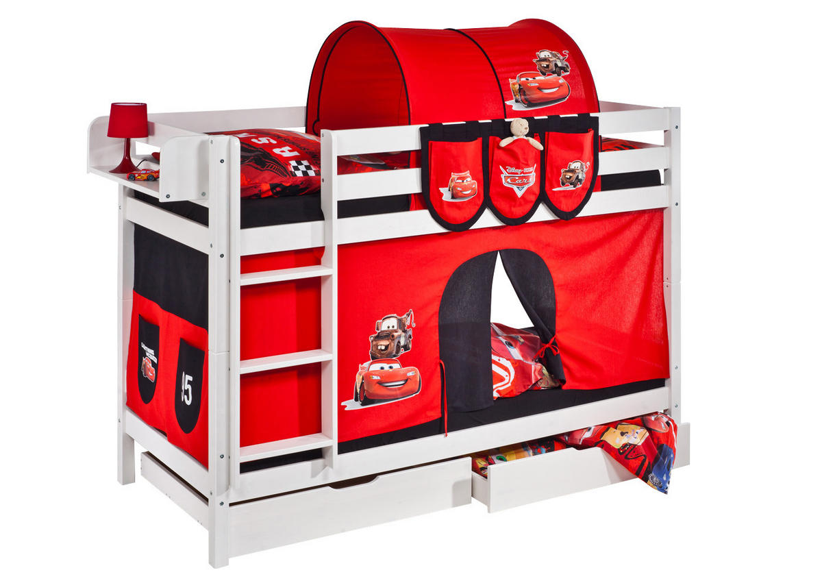 ETAGENBETT JELLE 90x200 cm Disney Cars - Hochbett - inkl. Vorhang und 2 Lattenrosten - Weiß, Holz - Lilokids