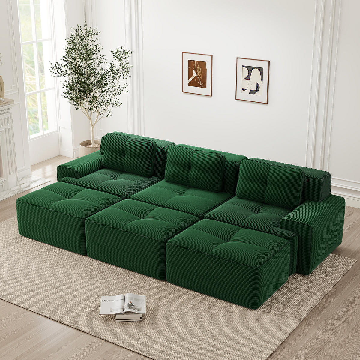 3-SITZER Sofa 293x177x69 cm aus Cordstoff rahmenlos modular mit 3 Hockern, grün - Grün, Textil (177/69/293cm)