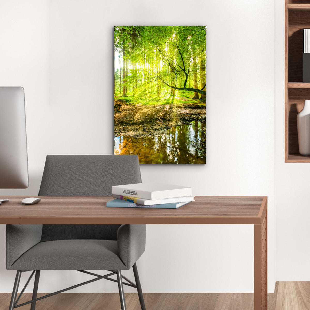 METALLBILD Wald - Landschaft - Wasser - Bäume - Sonne - Grün - Natur 40x60 cm - Grün, Metall (40/60cm) - MuchoWow