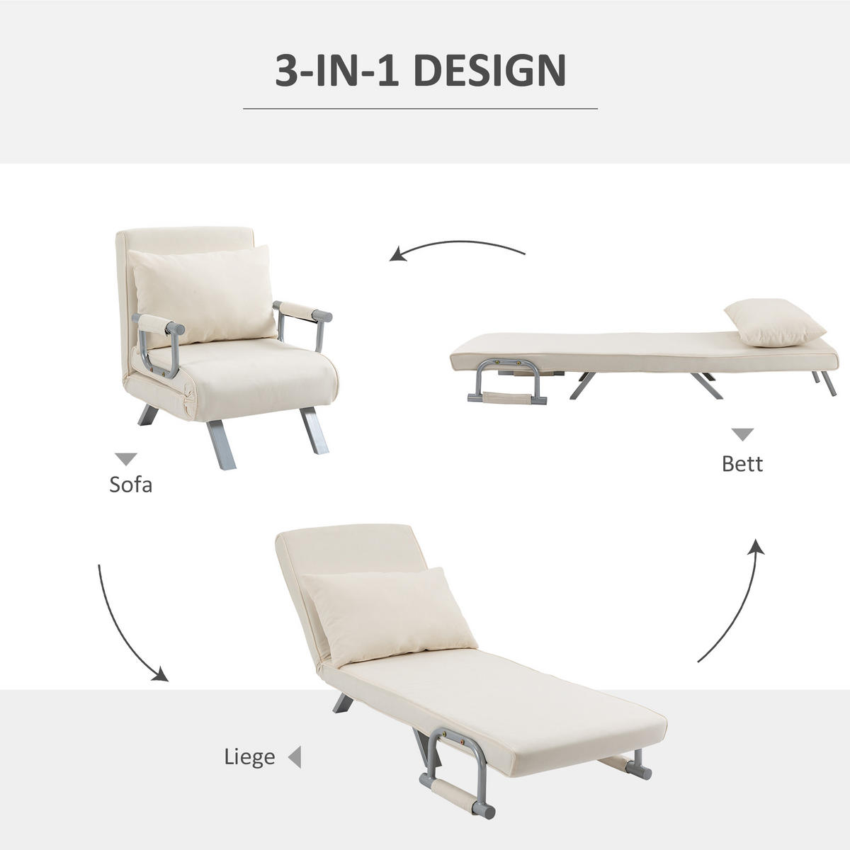 3-IN-1 Schlafsofa Schlafsessel Armlehne Klappbett Gästebett Chaiselongue Creme - Creme, Kunststoff (69/80/65cm) - HOMCOM