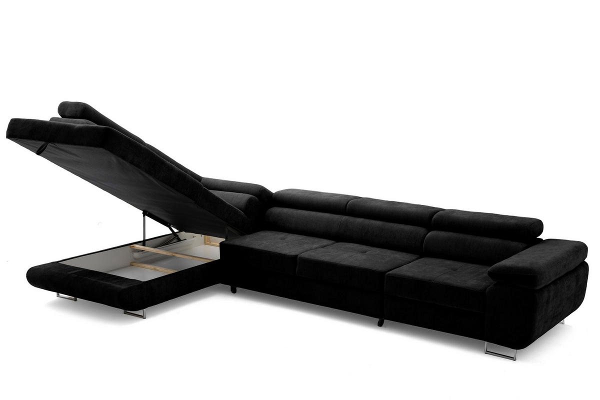 ECKSOFA WILD MAXI L Links mit Schlaffunktion 125x195 Chenille Schwarz - Chromfarben/Schwarz, Holz/Textil (350/203cm) - Muffo