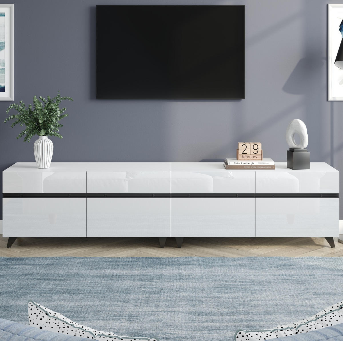 TV-LOWBOARD aus MDF 180x40x49 cm Weiß mit 4 Schränken, verstellbaren Einlegeböden und Hochglanzfront - Weiß, Holzwerkstoff (180/49/40cm) - Modfu