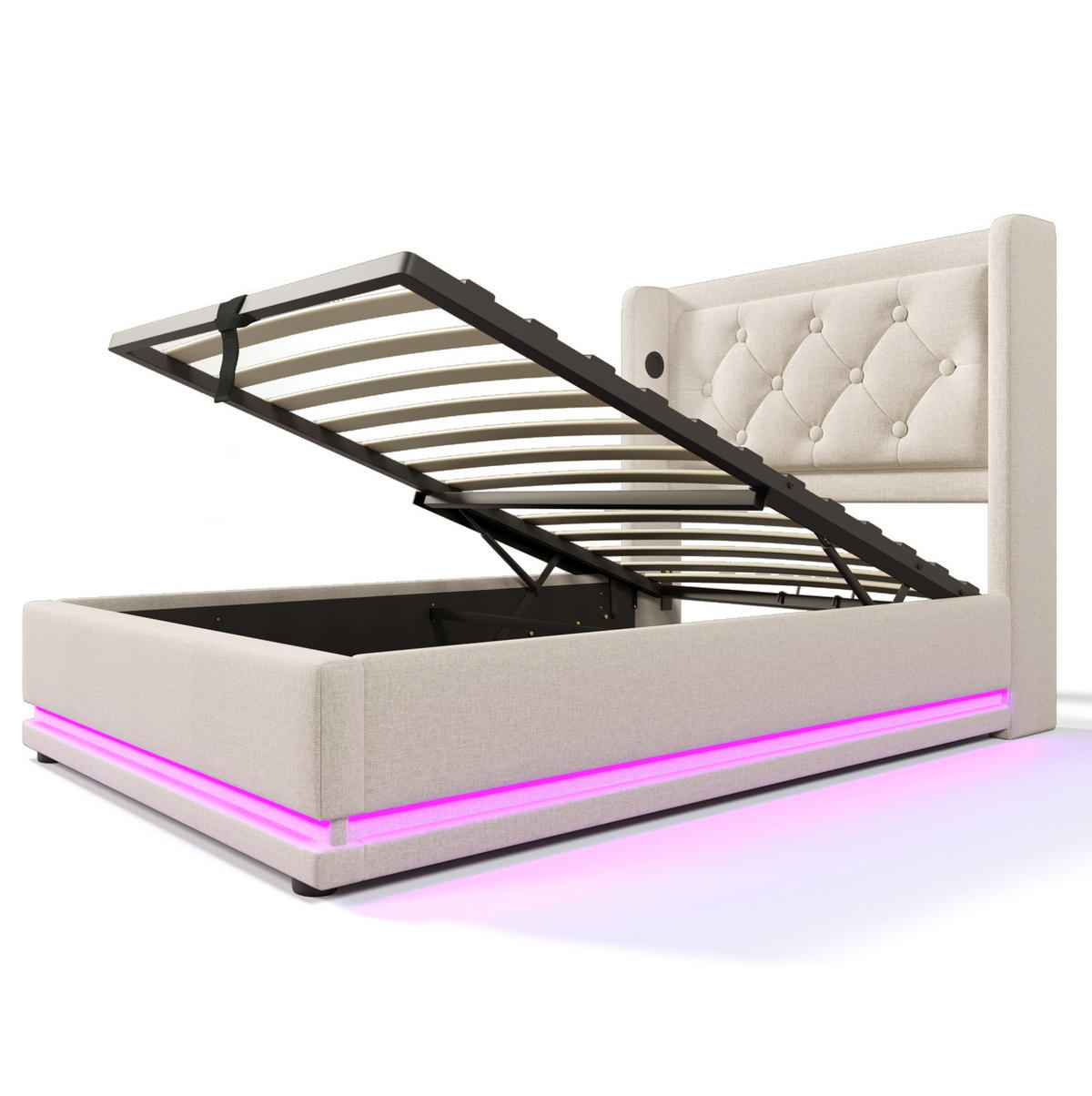 POLSTERBETT 90/200 cm Beige aus Baumwolle mit LED, Stauraum und USB-C - Beige, Textil (90/200cm) - OKMYHOME