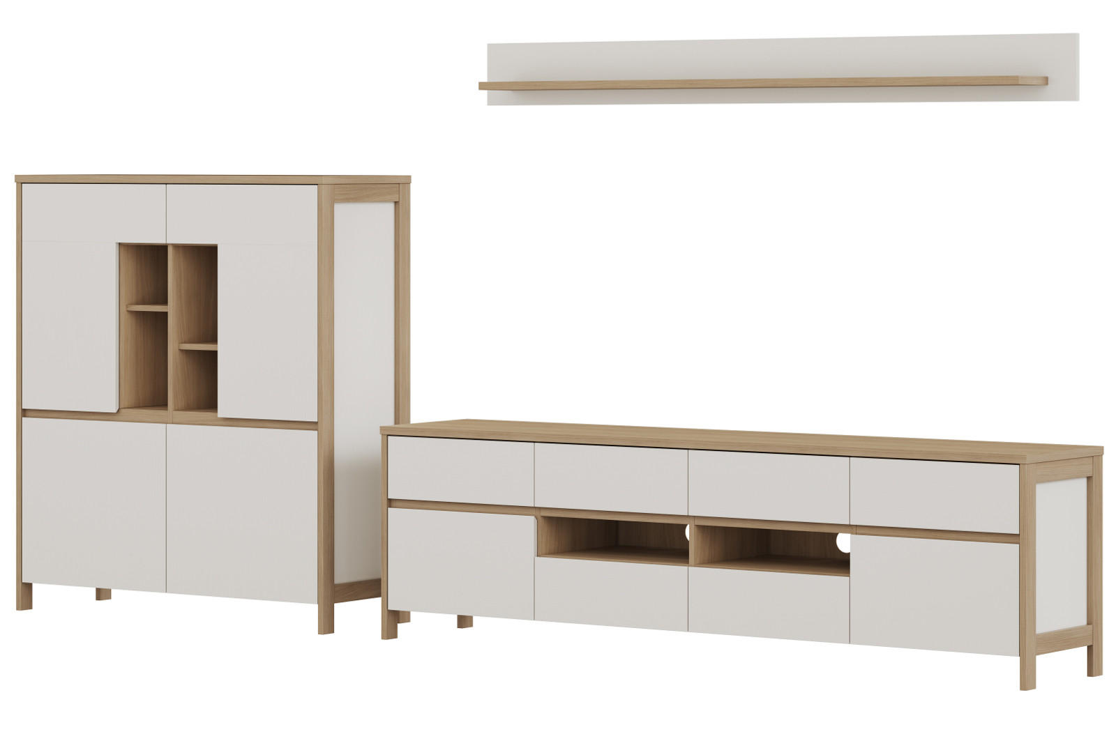 WOHNWAND weiß und Eiche Wohnkombination skandinavisch 3-teilig 319 cm, Soft-Close, Finnes - Eichefarben/Weiß, Glas/Holzwerkstoff (319/170/39cm) - Furn.Design