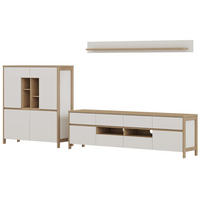 WOHNWAND weiß und Eiche Wohnkombination skandinavisch 3-teilig 319 cm, Soft-Close, Finnes - Eichefarben/Weiß, Glas/Holzwerkstoff (319/170/39cm) - Furn.Design