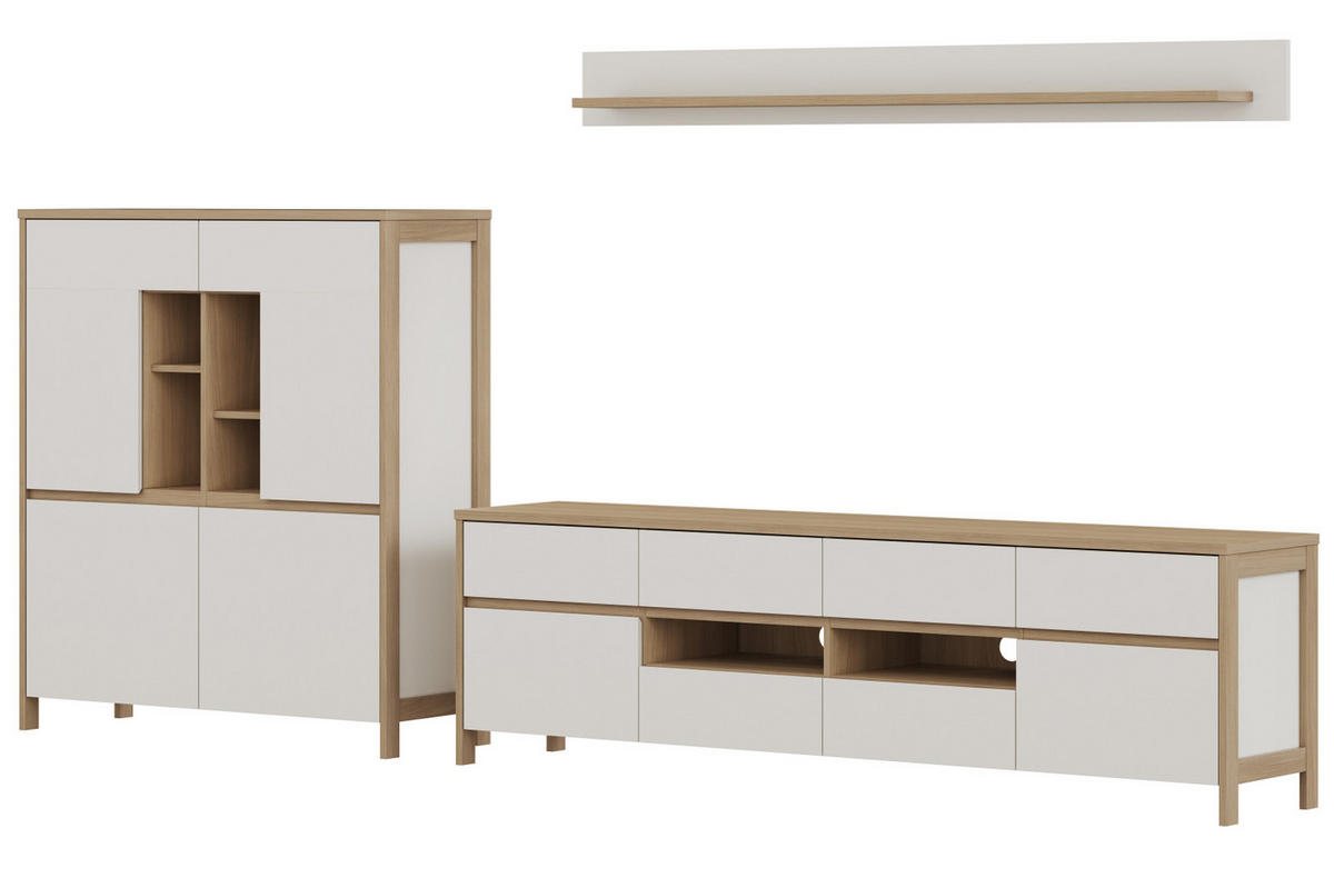 WOHNWAND weiß und Eiche Wohnkombination skandinavisch 3-teilig 319 cm, Soft-Close, Finnes - Eichefarben/Weiß, Glas/Holzwerkstoff (319/170/39cm) - Furn.Design