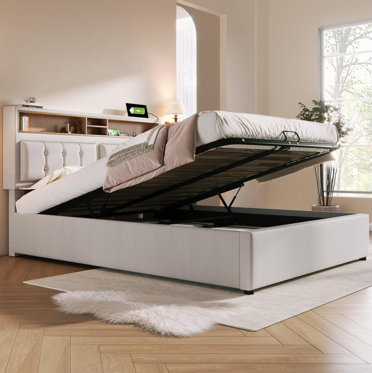 POLSTERBETT mit Stauraum & USB 140x200 cm Beige inkl. Matratze - Beige, Metall (140/200cm) - Meubliv