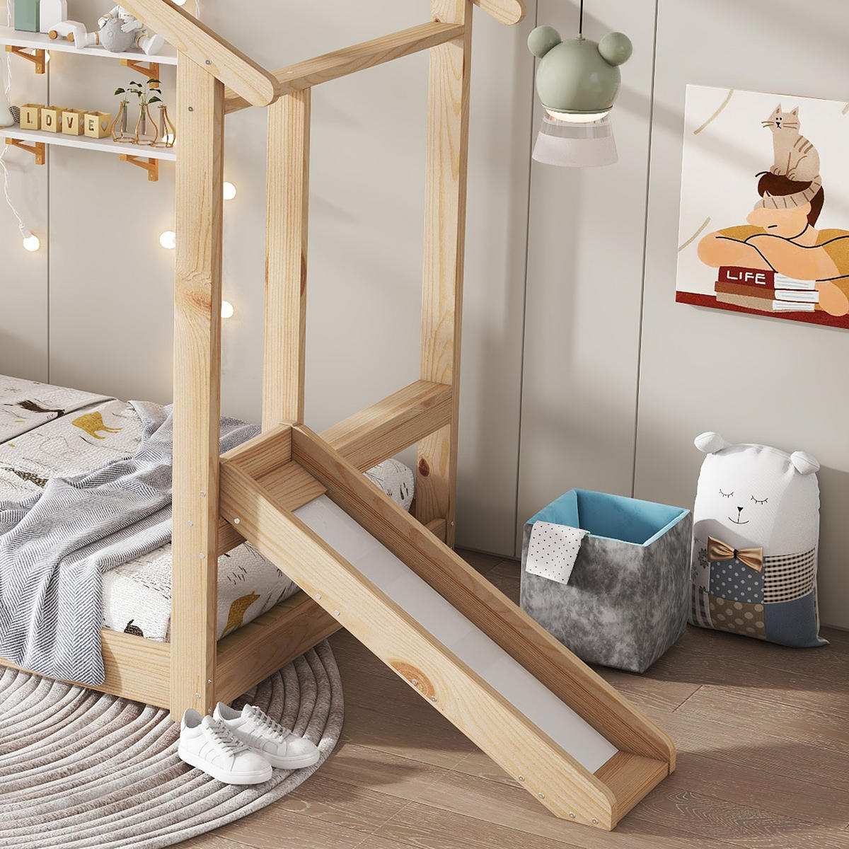 KINDERBETT 90/200 cm Natur mit Rutsche und beschreibbarer Weißwandtafel aus Kiefer und MDF - Naturfarben, Holz (90/200cm) - OKWISH