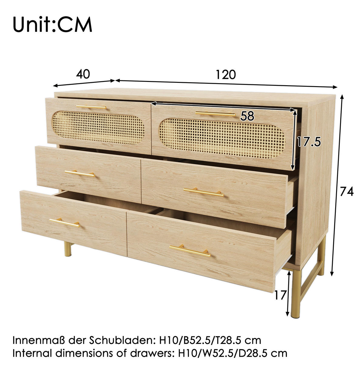 KOMMODE 120/40/74 cm mit 6 Schubladen und Metallgriffen in Sonoma Eiche - Eichefarben, Metall (120/74/40cm) - BEAOK