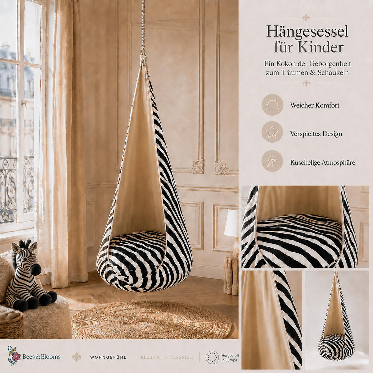KINDER-HÄNGESESSEL XXL Zebra – weiche Cocoon-Schaukel zum Spielen und Entspannen - Weiß, Textil (85/180/85cm) - Bees & Blooms