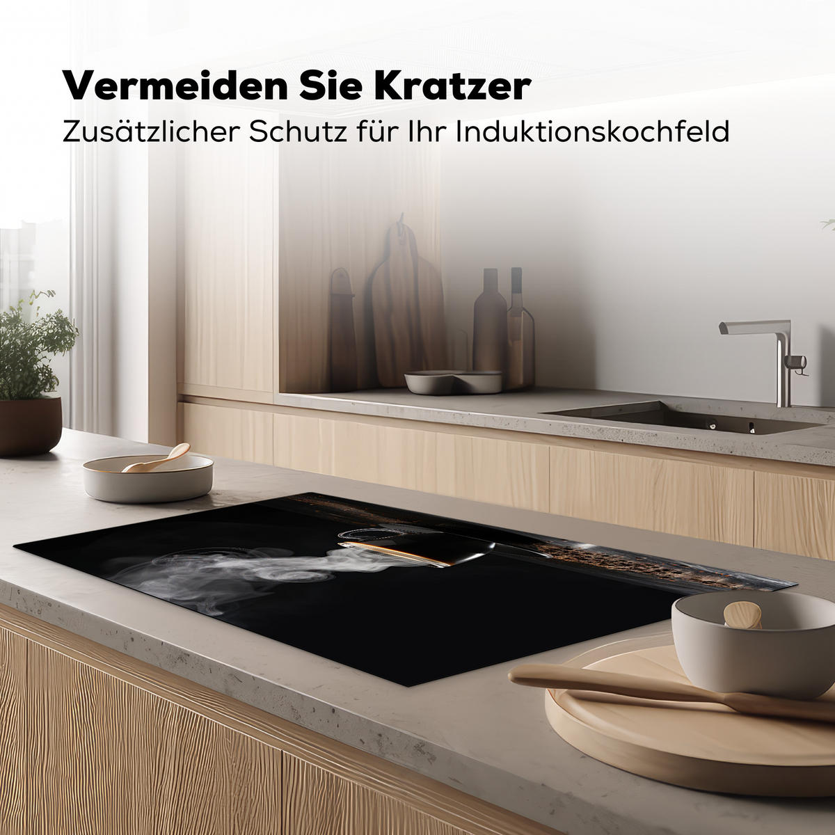 HERDABDECKPLATTE Kaffee - Schwarz - Bohnen - Heiß - Tasse Induktionsschutz 91.6x52.7 cm - Schwarz, Kunststoff (91.6/52.7/0.2cm) - MuchoWow