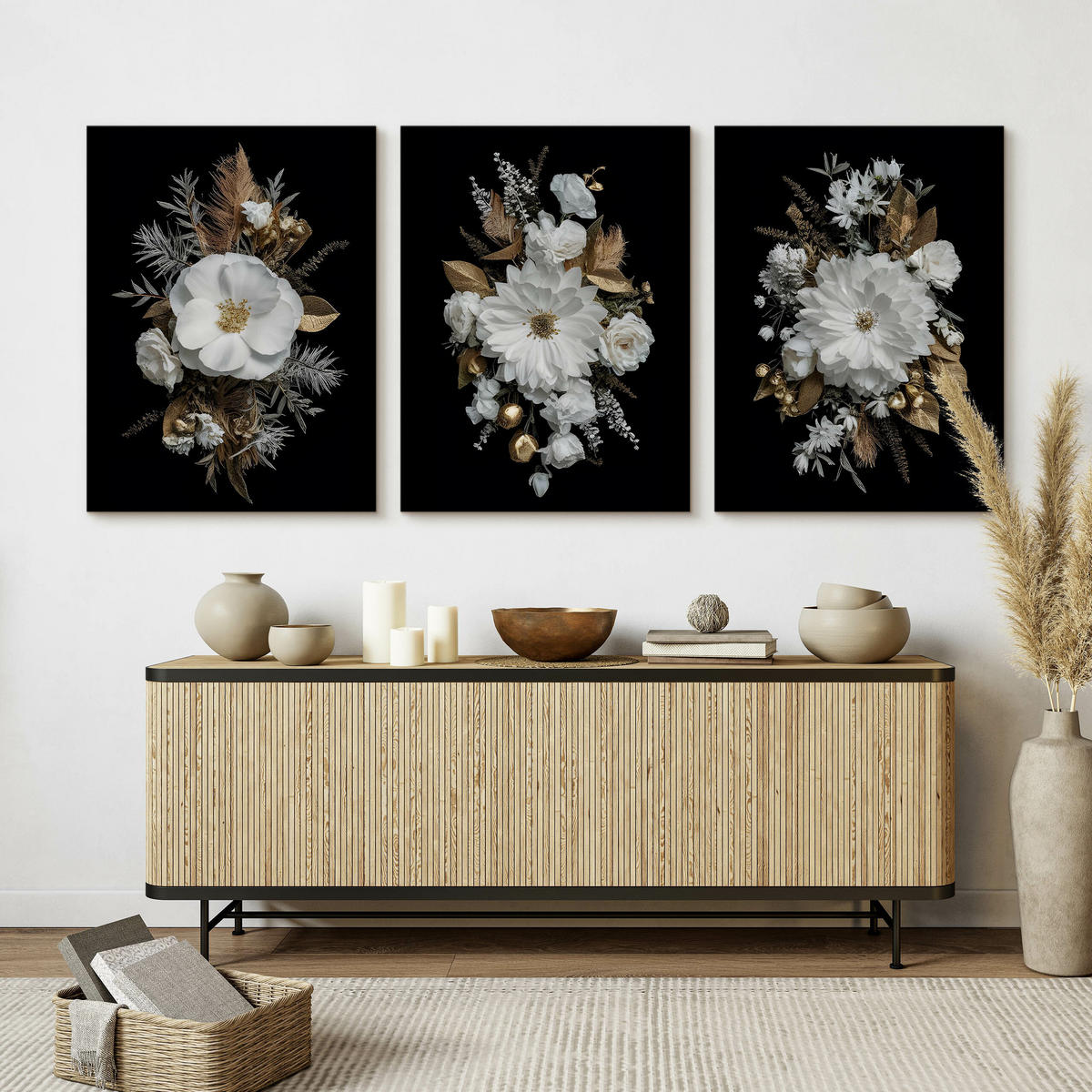 LEINWANDBILDER 3-es Set Blumen Natur 3D - Beige/Schwarz, Textil (90/40cm) - Muralo