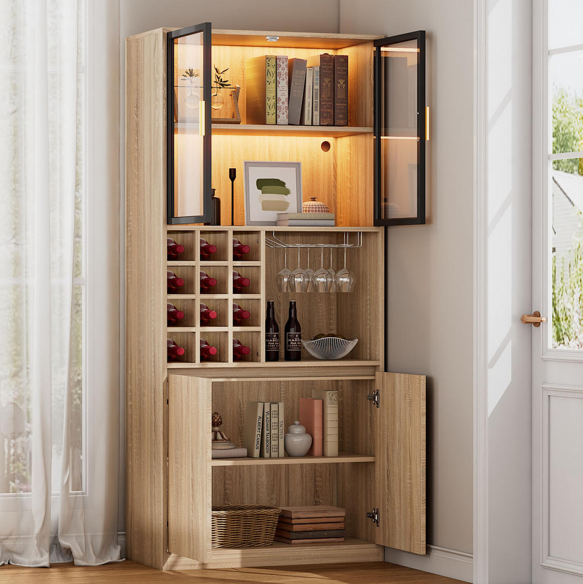 VITRINENSCHRANK aus MDF 80x40x180 cm Natur mit Glastüren, LED-Beleuchtung und abnehmbarem Weinglashalter - Naturfarben, Holzwerkstoff (80/180/40cm) - IVMEU