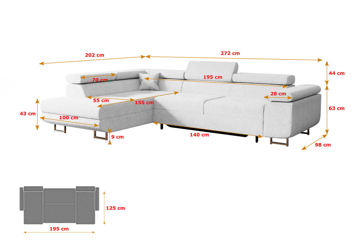 ECKSOFA mit Schlaffunktion und Bettkasten GUSA-L 272x202x107 cm Weiß Bouclé - Silberfarben/Weiß, Holzwerkstoff/Textil (272/202cm) - ALTDECOR