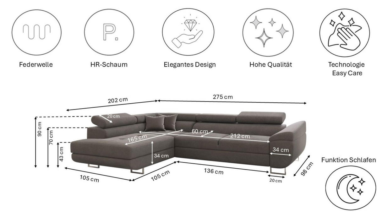ECKSOFA FALIO L-Form Mit Schlaffunktion Im Modernen Stil Für Das Wohn Und Schlafzimmer Grau Links - Grau, Holz/Textil (202/275cm) - Kaiser Möbel