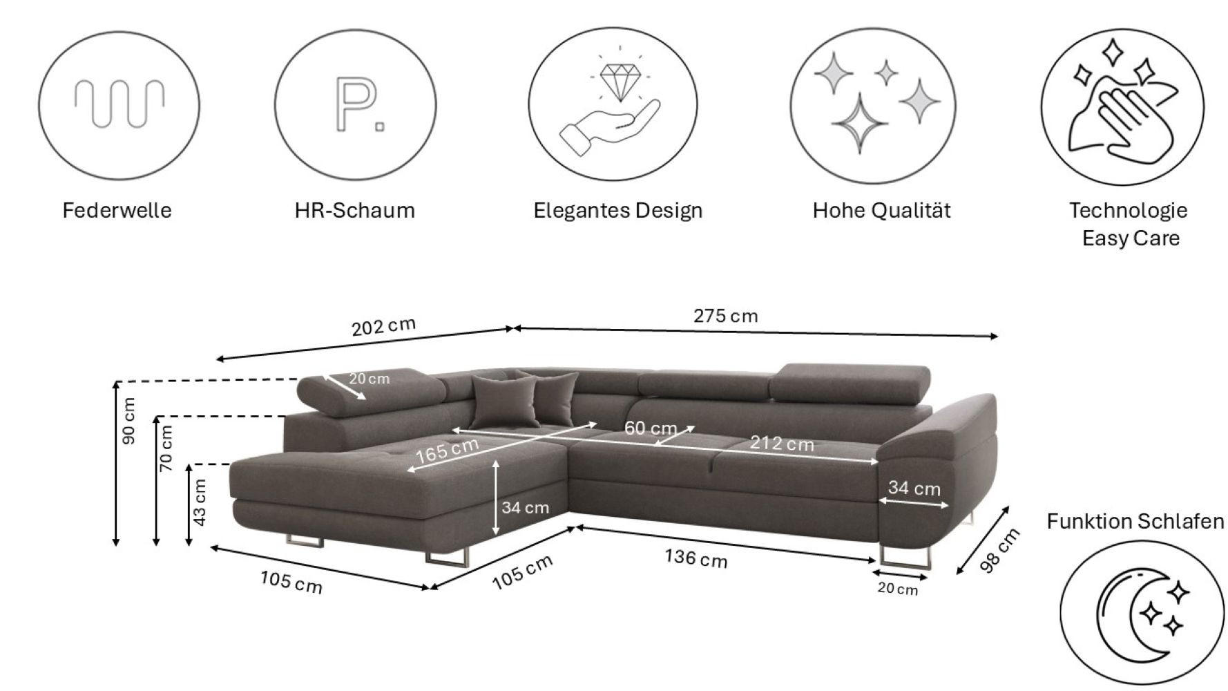 Thumbnail - Kaiser Möbel Ecksofa, Grau, Textil, 2 Schubladen, einzeln stellbar, L-Form,L-Form, 275x202 cm, Wohnzimmer, Sofas & Couch...