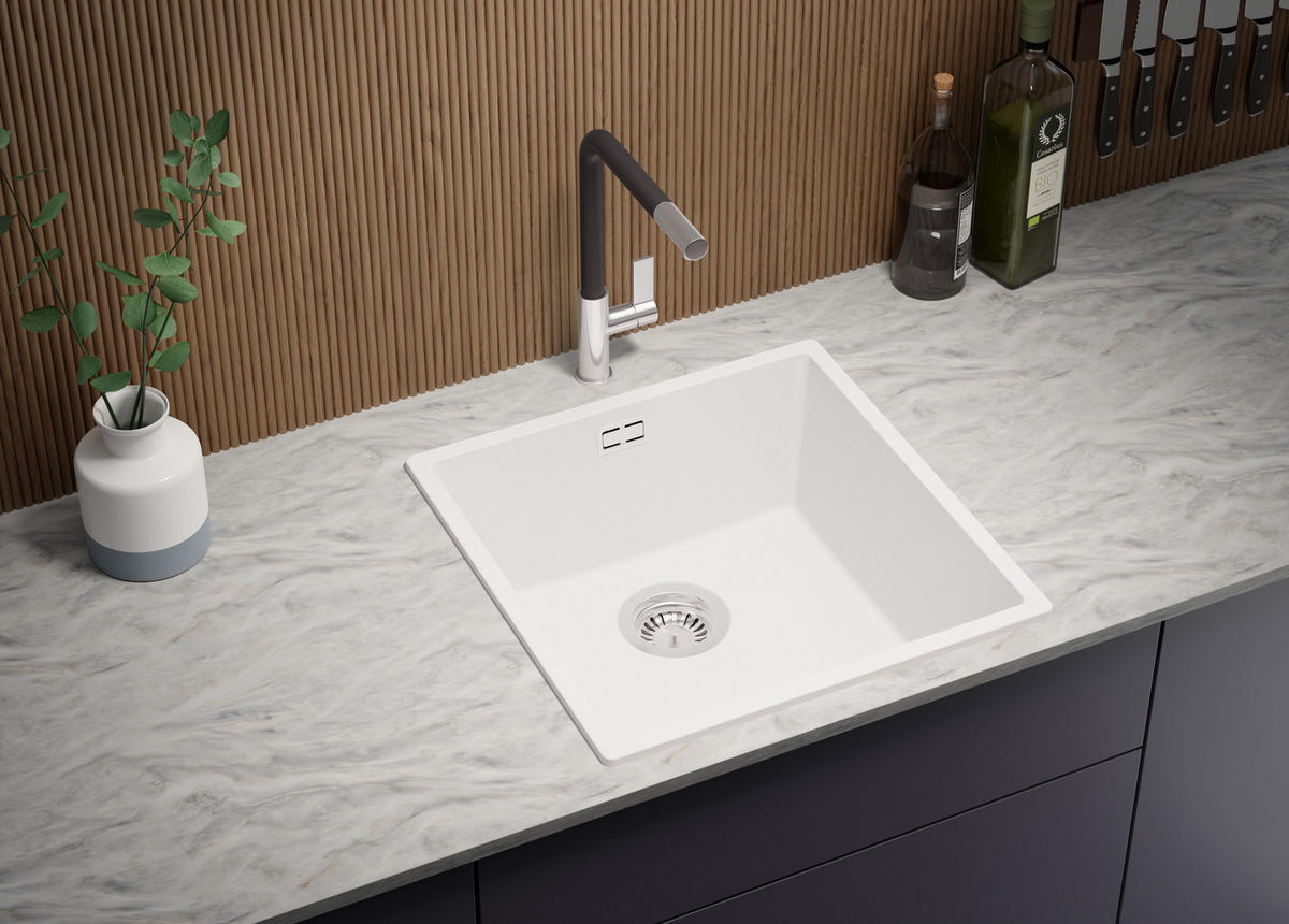 GRANITSPÜLE London Slim, 2-er set Weiß 46/47 cm 1 Becken + Küchenarmatur 38/14 cm + Ablauf-Set ab 50er Unterschrank - Chromfarben/Weiß, Kunststoff (46/20/47cm) - Primagran