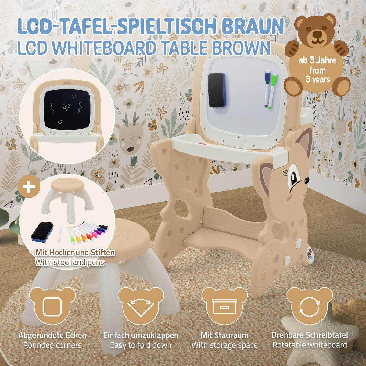 HRACÍ STŮL hnědý s LCD tabulí, dětská stolička a příslušenství - hnědá, plast (41/76/45cm) - Joyz