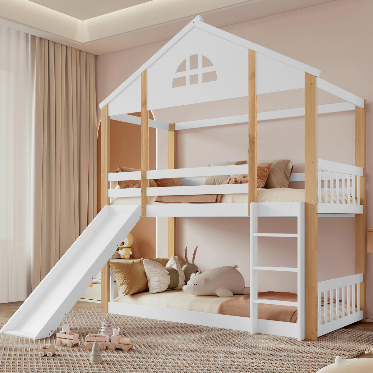 ETAGENBETT 90/200 cm mit Rutsche, Winkeltreppe, Fensterdesign und Hausrahmen aus Massivholz und MDF, Weiß/Natur - Weiß, Holz (90/200cm) - Redom