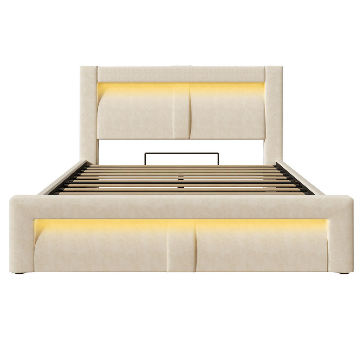 POLSTERBETT 160/200 cm Beige aus Samt mit Stauraum LED und USB-C-Ladestation mit Matratze - Beige, Textil (160/200cm) - OKWISH