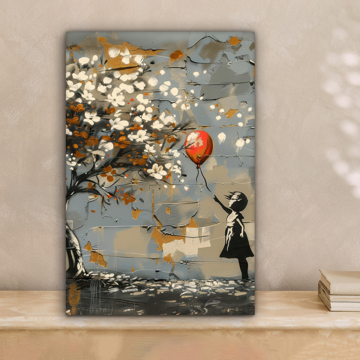 LEINWANDBILD Baum - Graffiti - Banksy-Stil - Ballon-Mädchen Deko Wohnzimmer 20x30 cm - Blaugrau, Textil (20/30cm) - MuchoWow