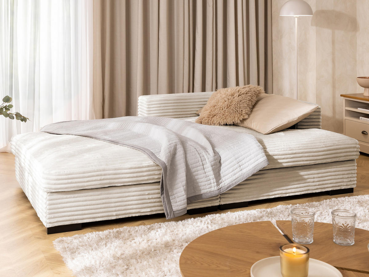 ECKSOFA Wolke mit tiefer Sitzfläche, Schlaffunktion und praktischem Bettkasten aus weichem Creme Cordstoff - Creme/Schwarz, Holz/Kunststoff (225/162cm) - S-Style