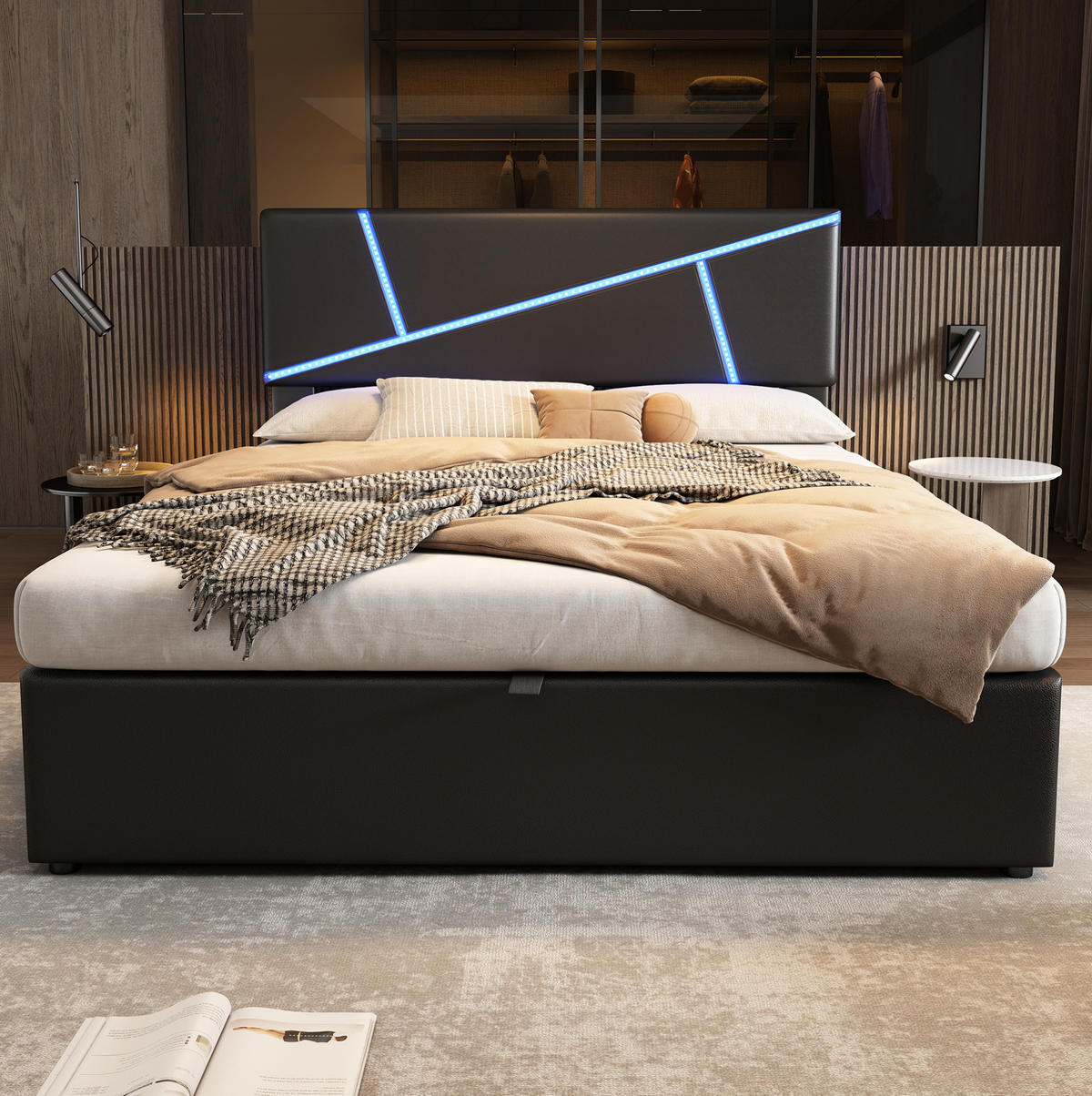 TAPECIRANI krevet 140/200 cm crni od PU-a s LED rasvjetom i spremištem - crna, plastika (140/200cm) - OKWISH