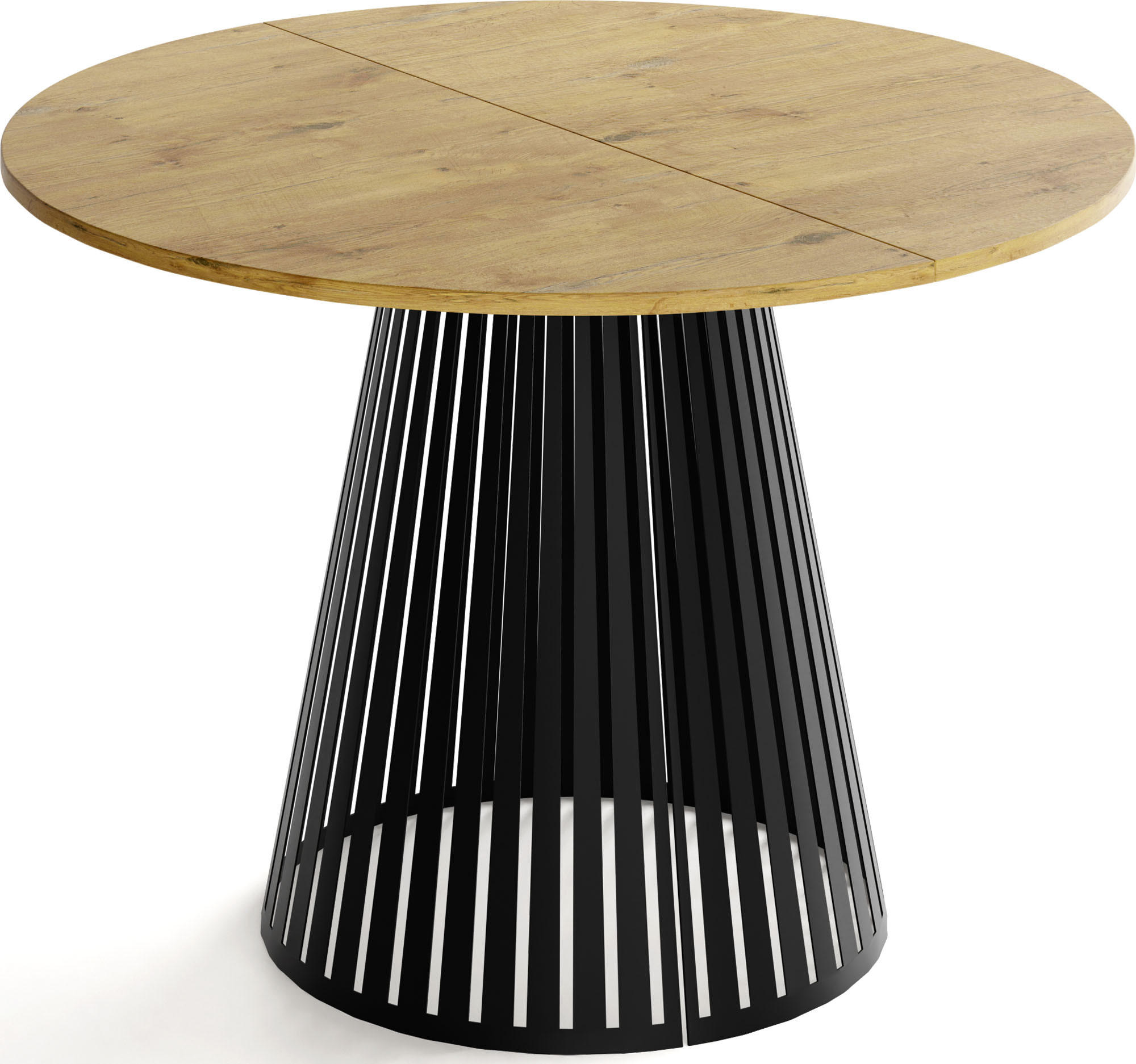ESSTISCH Naro rund ausziehbar mit Schwarzem Lamellen-Metallgestell, Braun 120-200/120/76 cm - Eichefarben/Schwarz, Holzwerkstoff/Metall (120/120/76cm) - WFL GROUP